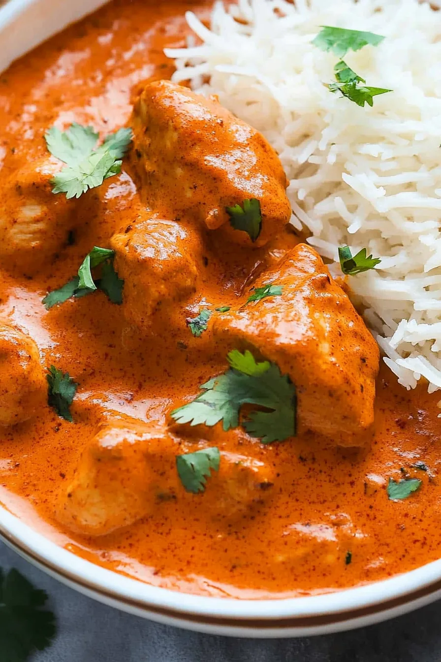 Close-up of tender chicken pieces simmered in a smooth, buttery tomato sauce.