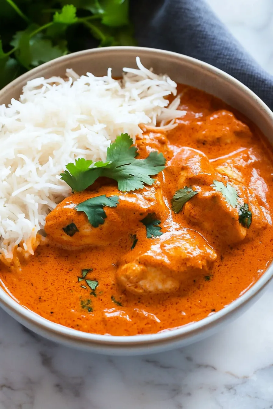 A bowl of creamy orange-hued chicken in a rich sauce, garnished with fresh cilantro.