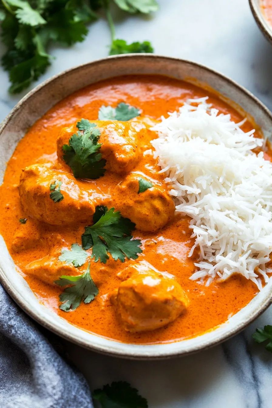 Final dish showing saucy, spiced chicken served with a swirl of cream and chopped herbs.