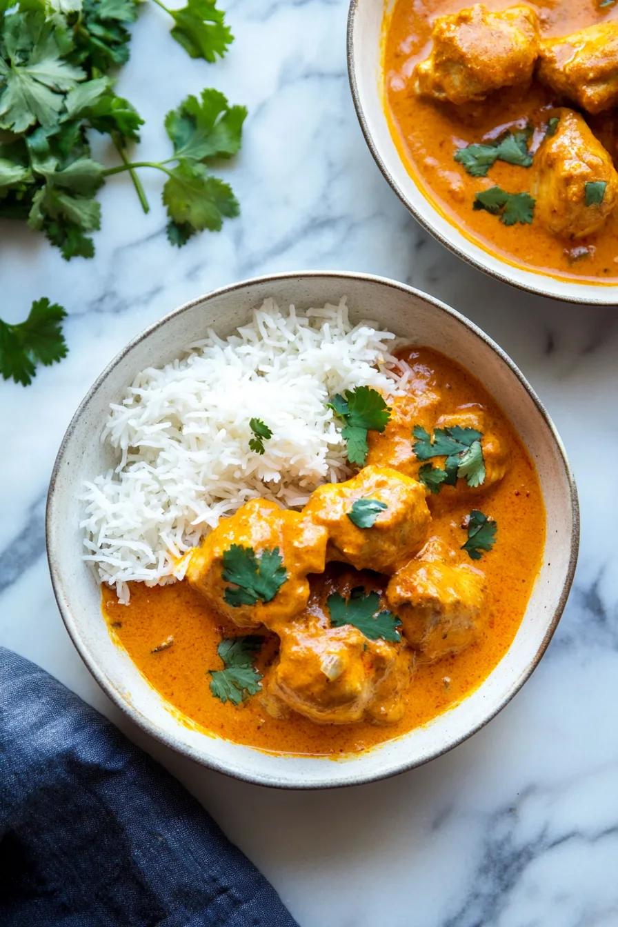 A warm, comforting chicken dish coated in a velvety sauce, ready to be served with rice or naan.