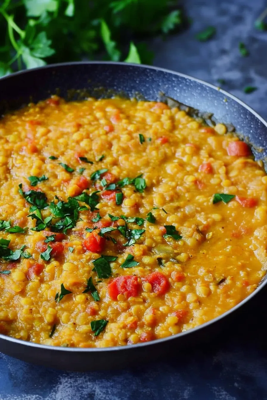 Close-up of warm, spiced lentils served with a drizzle of oil.