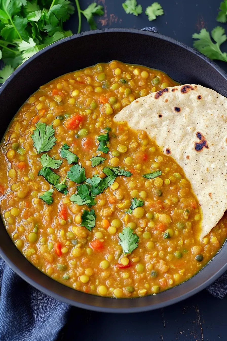 A bowl of creamy orange lentils topped with fresh cilantro.