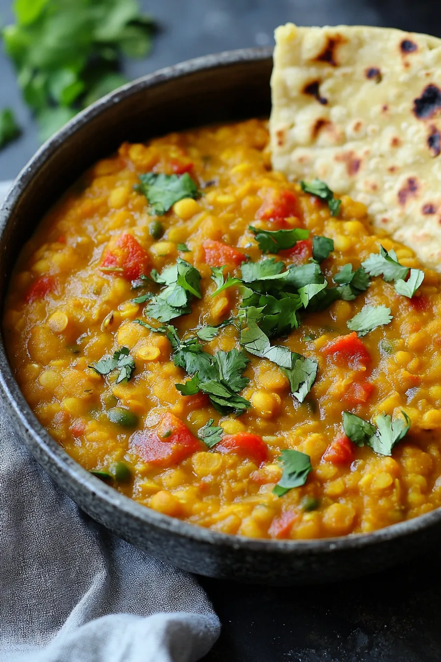 Serving of lentil curry in a rustic dish with naan bread on the side