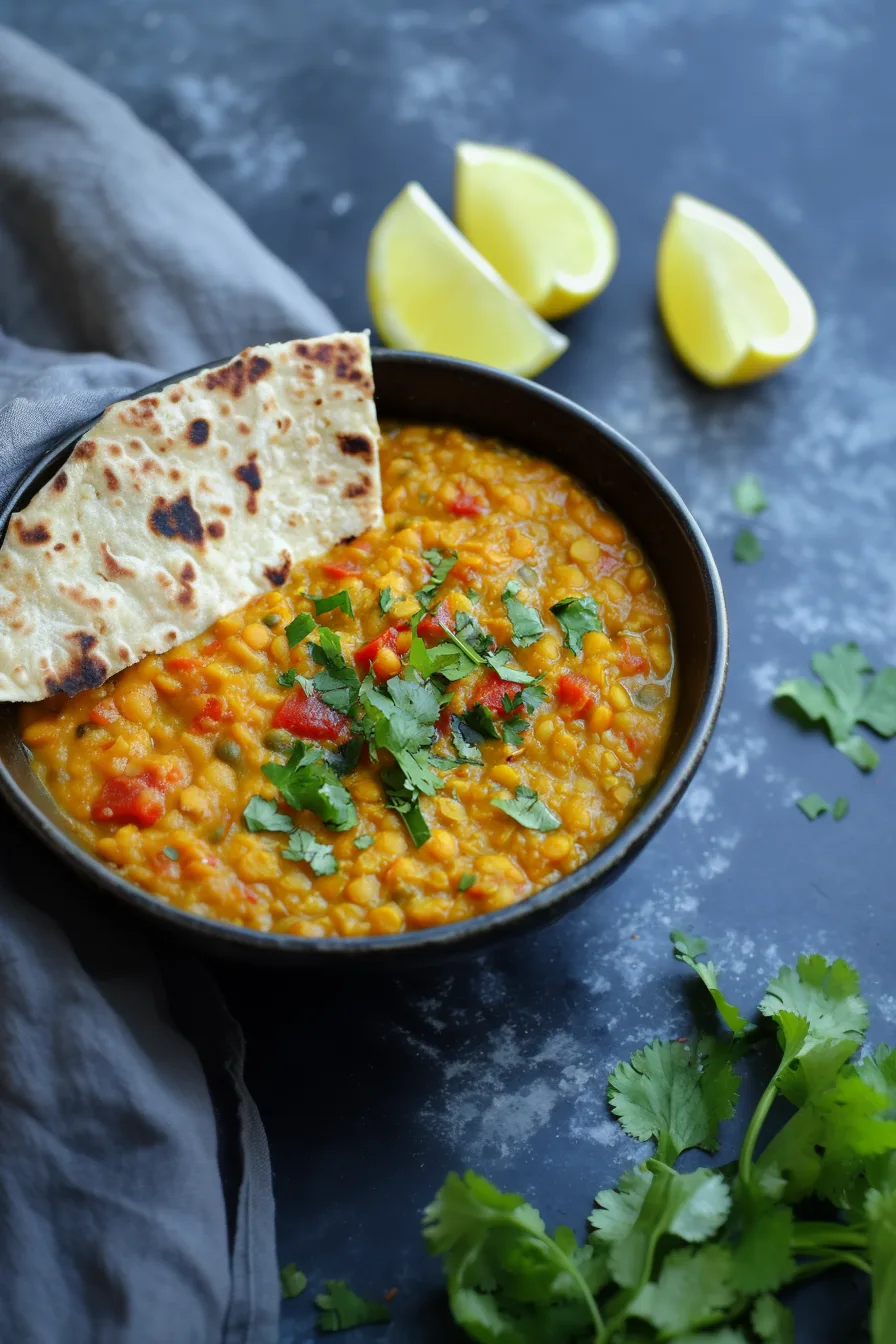 Hearty lentil soup topped with a drizzle of ghee and herbs
