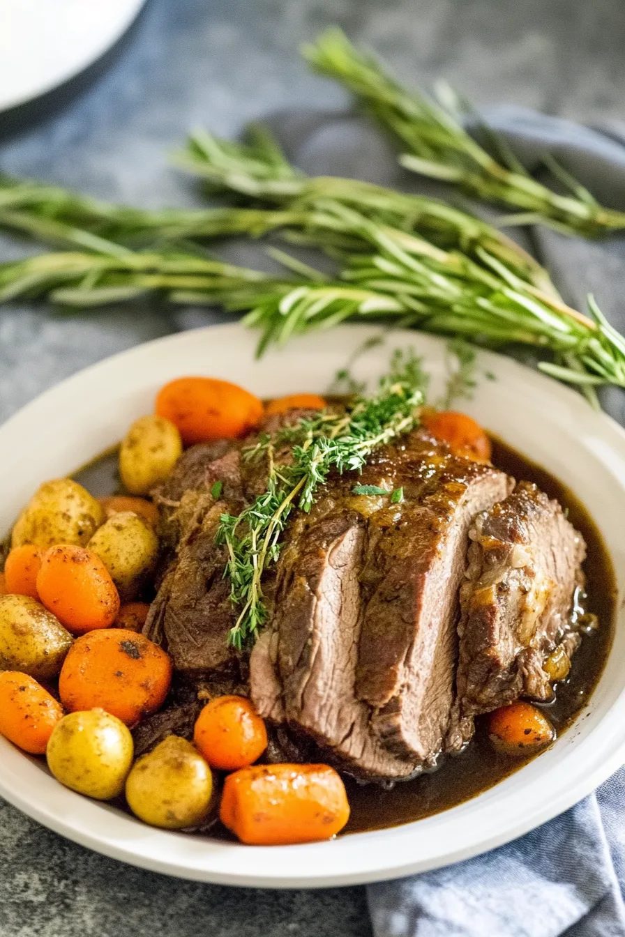 Slices of tender meat arranged on a serving dish with small potatoes on the side.