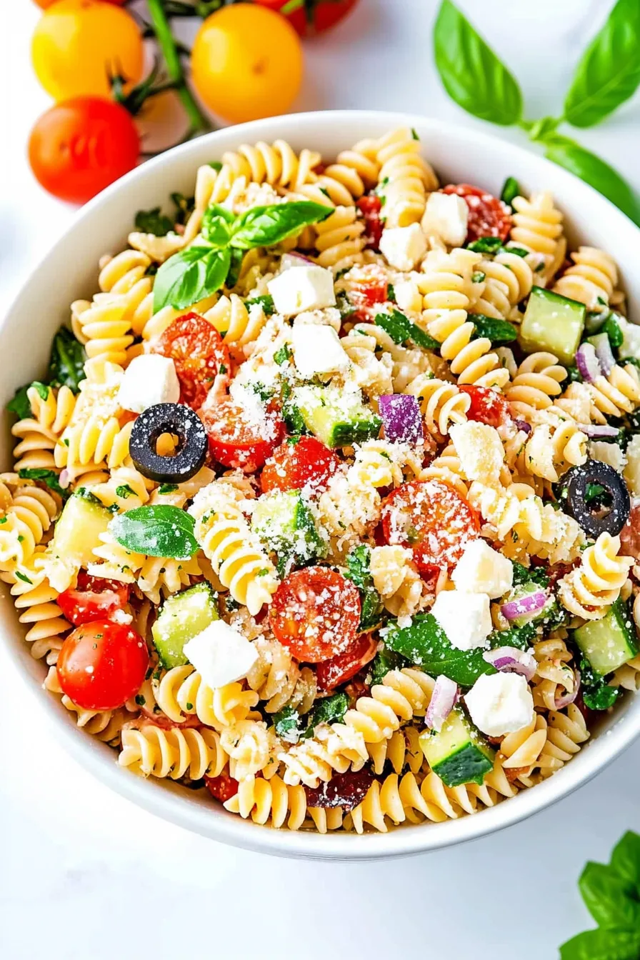 Bowl of rotini pasta mixed with cherry tomatoes, avocado, olives, and fresh herbs, lightly coated with grated cheese.