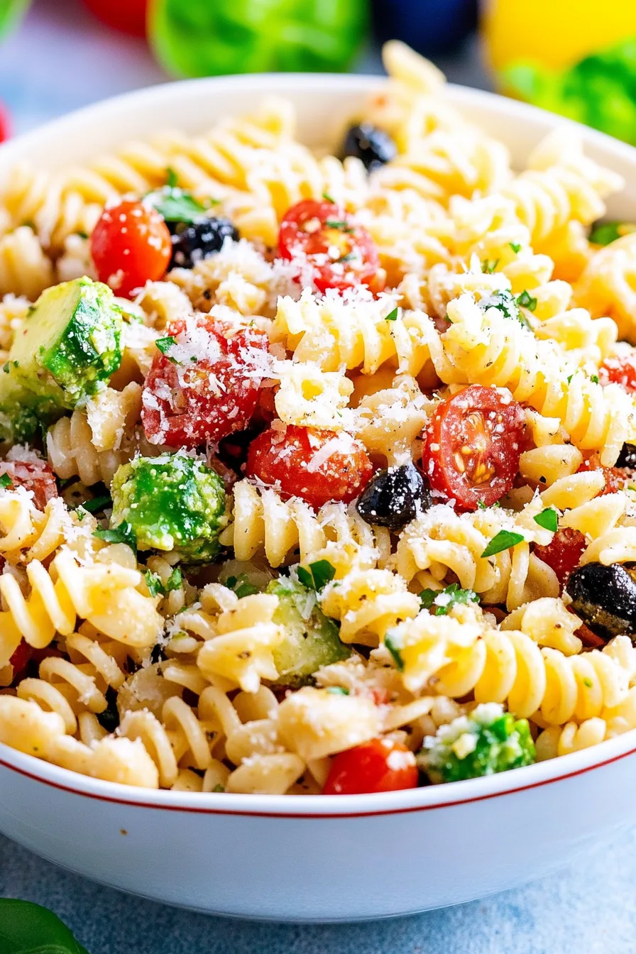 Close-up of a colorful pasta salad with diced vegetables and a sprinkle of parmesan on top.