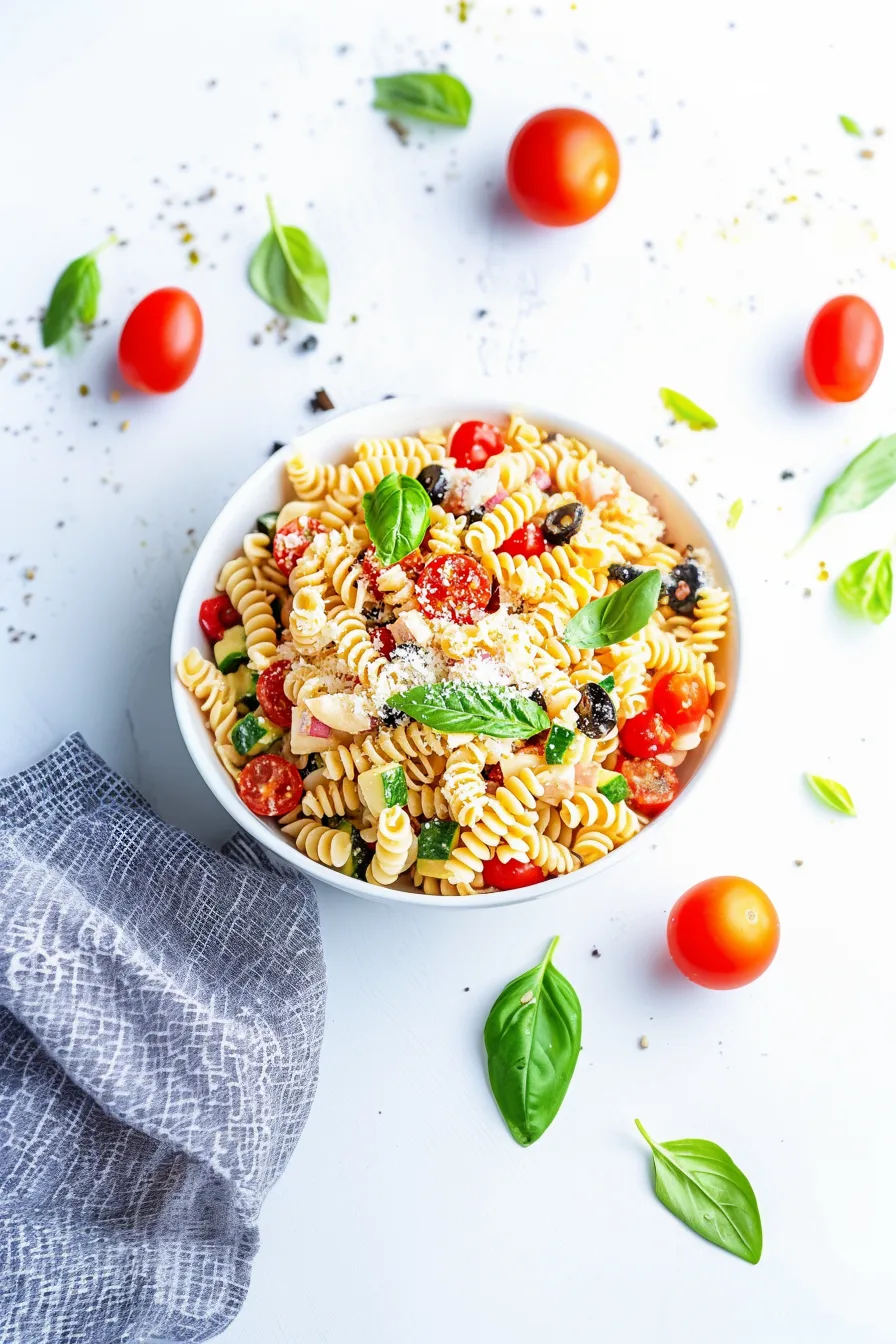 Fresh and vibrant pasta dish featuring spiral noodles, tomatoes, and herbs in a white bowl.