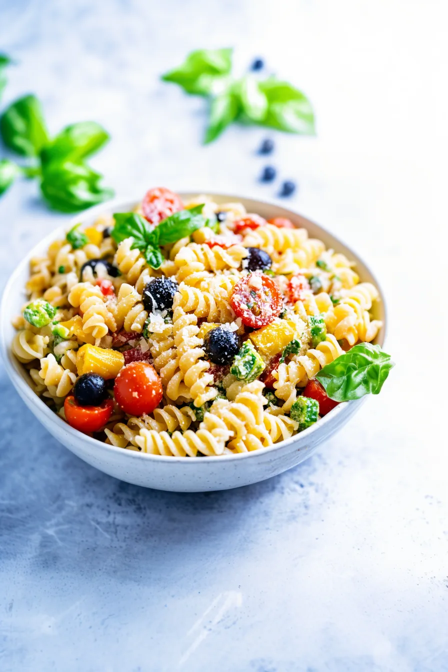 Rotini salad tossed with fresh produce and garnished with finely chopped parsley and grated cheese.