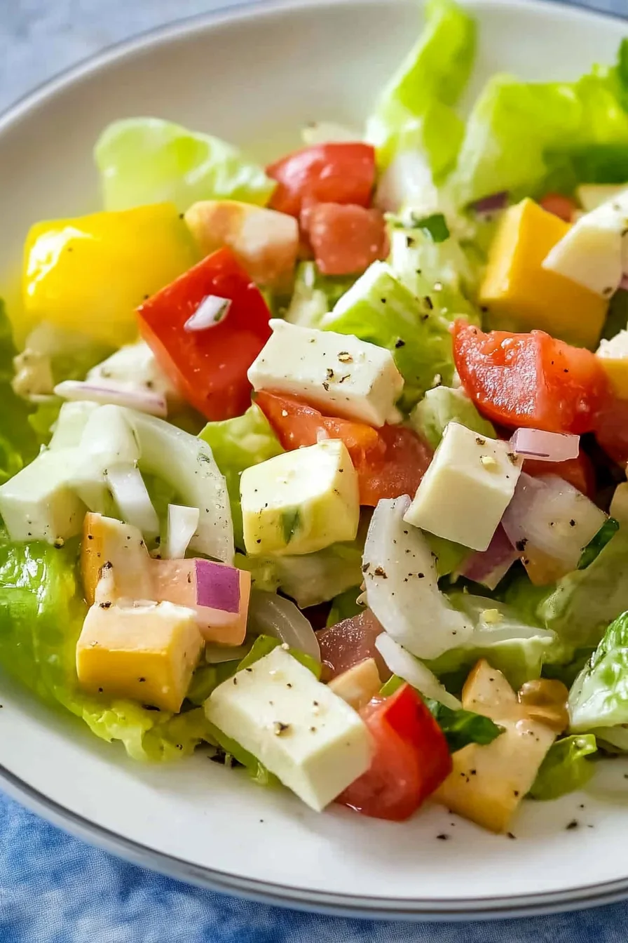Overhead view of a vibrant vegetable salad with olives and peppers on a serving platter.
