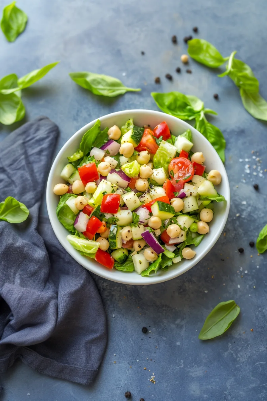 Serving bowl filled with crisp veggies, fresh herbs, and a light dressing coating each bite.