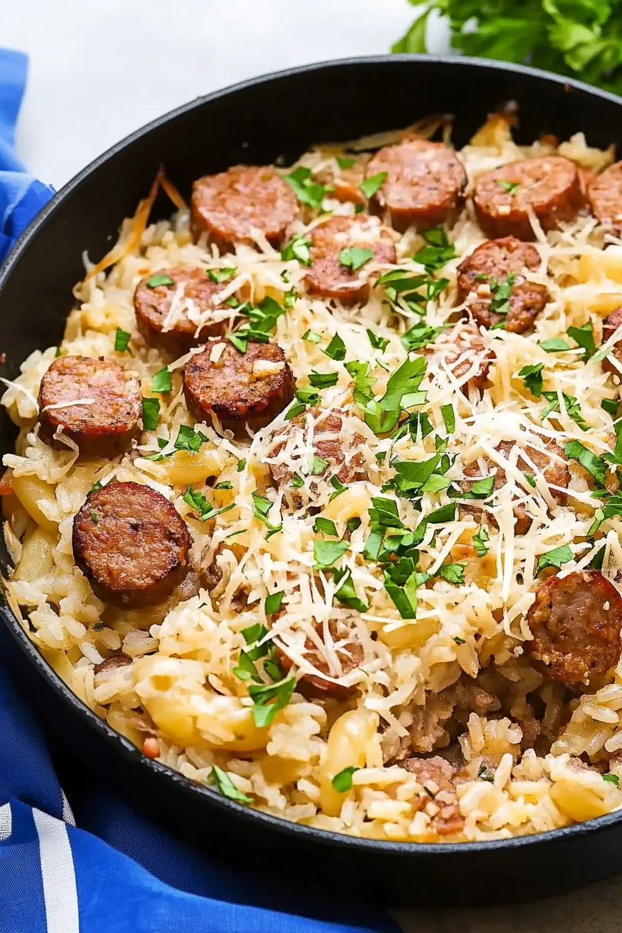 Golden baked rice mixed with sausage and sprinkled with parsley.