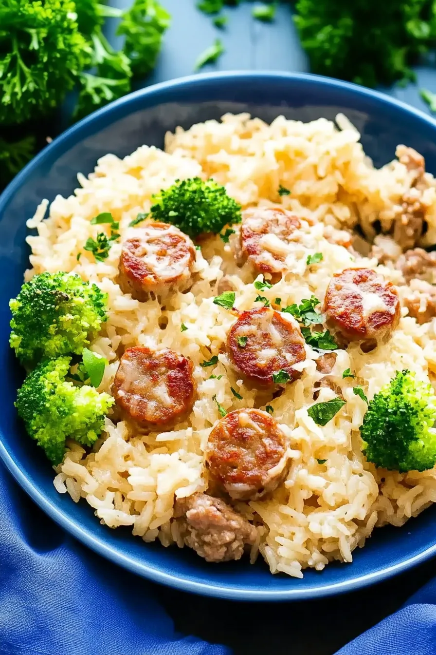 Sausage rounds melted into a savory rice mixture, served with broccoli.