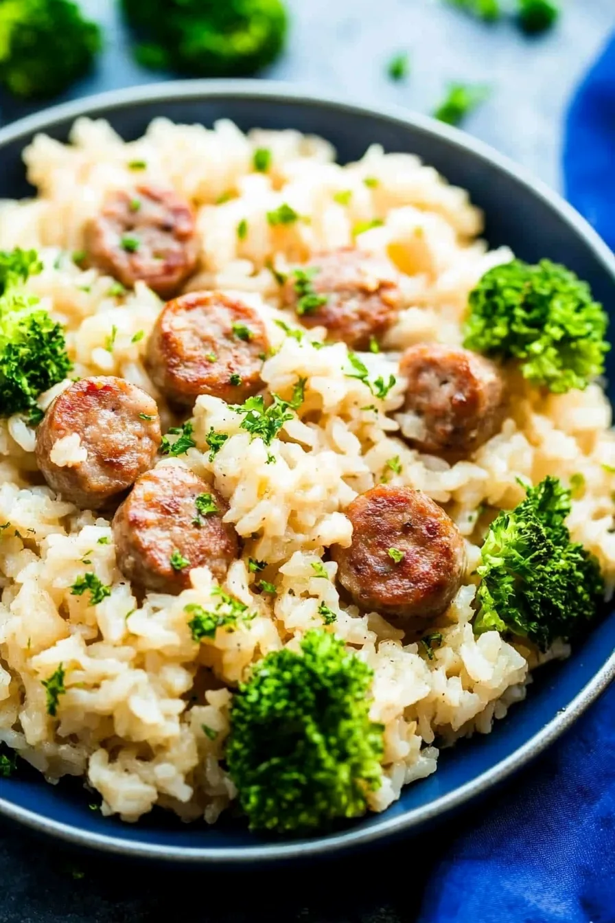 Close-up of cheesy rice topped with browned sausage pieces and fresh herbs.