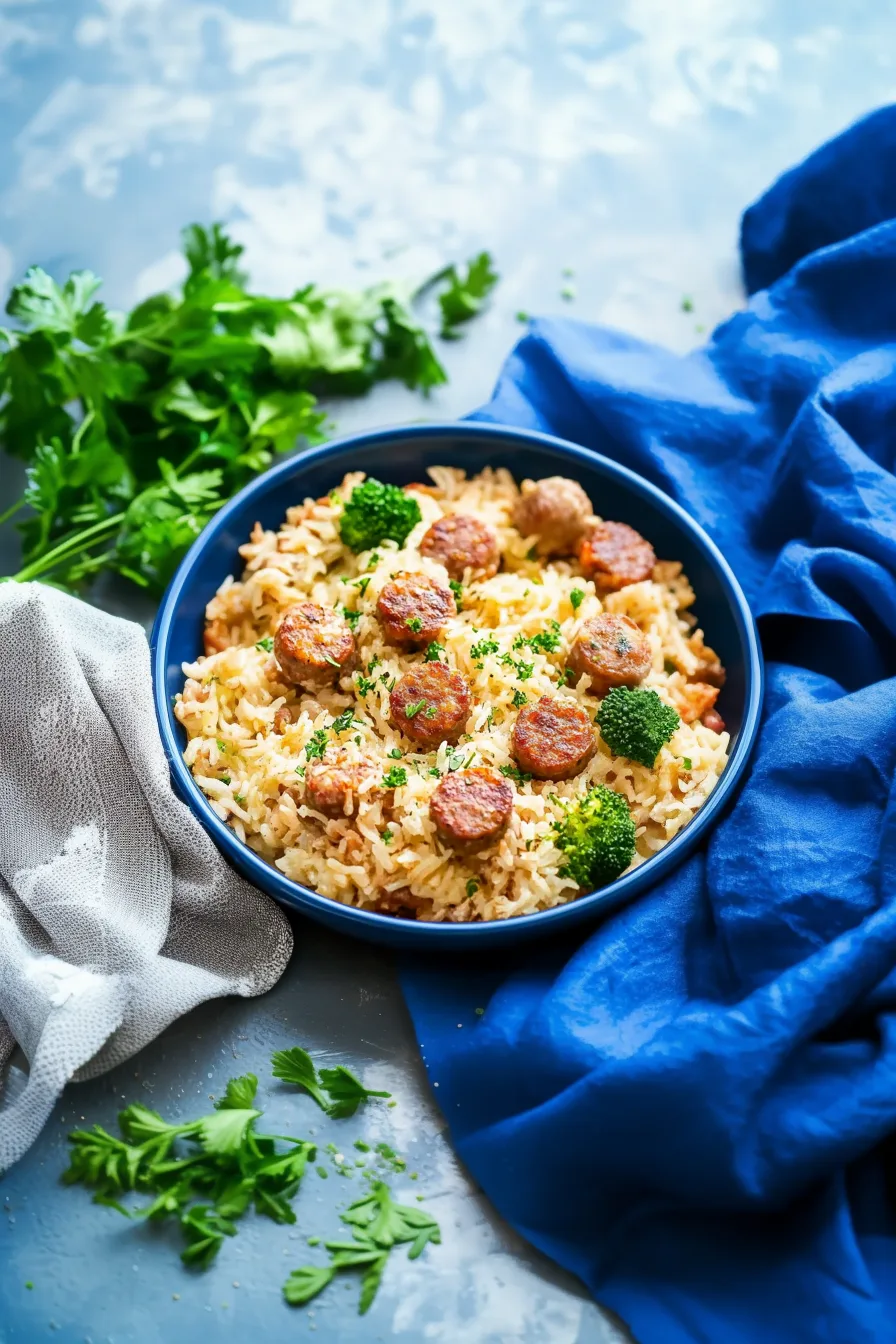 A blue bowl filled with baked rice, sliced sausage, and broccoli florets.