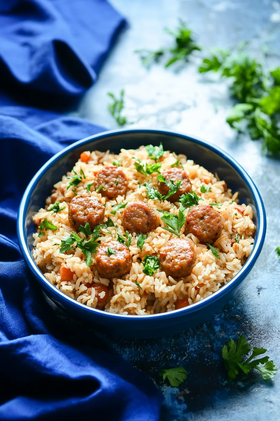 Creamy rice bake with sausage slices and bright green broccoli on a plate.