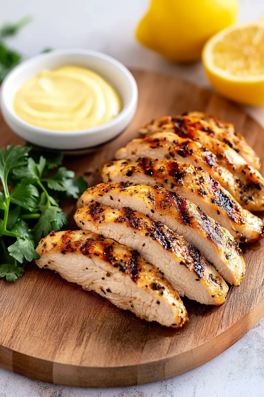 Plated chicken breast with seasonings and a side of herbs.
