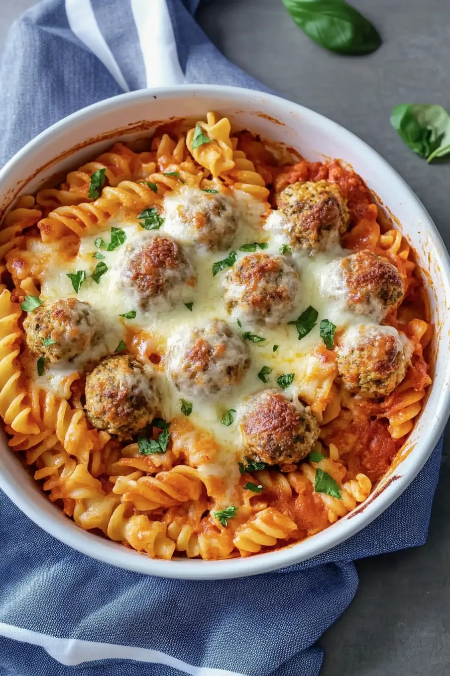 Close-up of a cheesy pasta bake with meatballs nestled into a tomato sauce