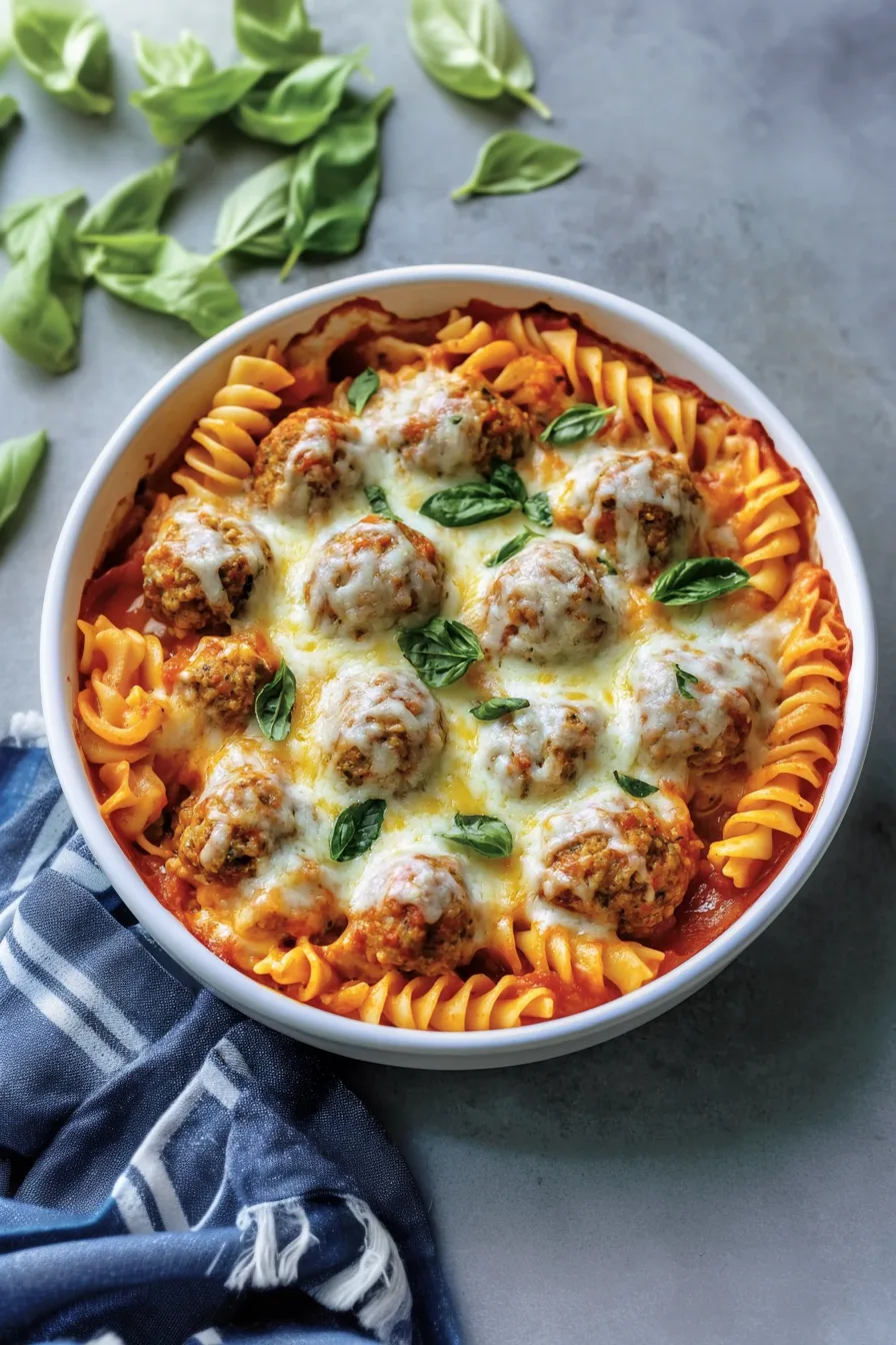 Freshly baked pasta dish with golden meatballs and chopped herbs on top.