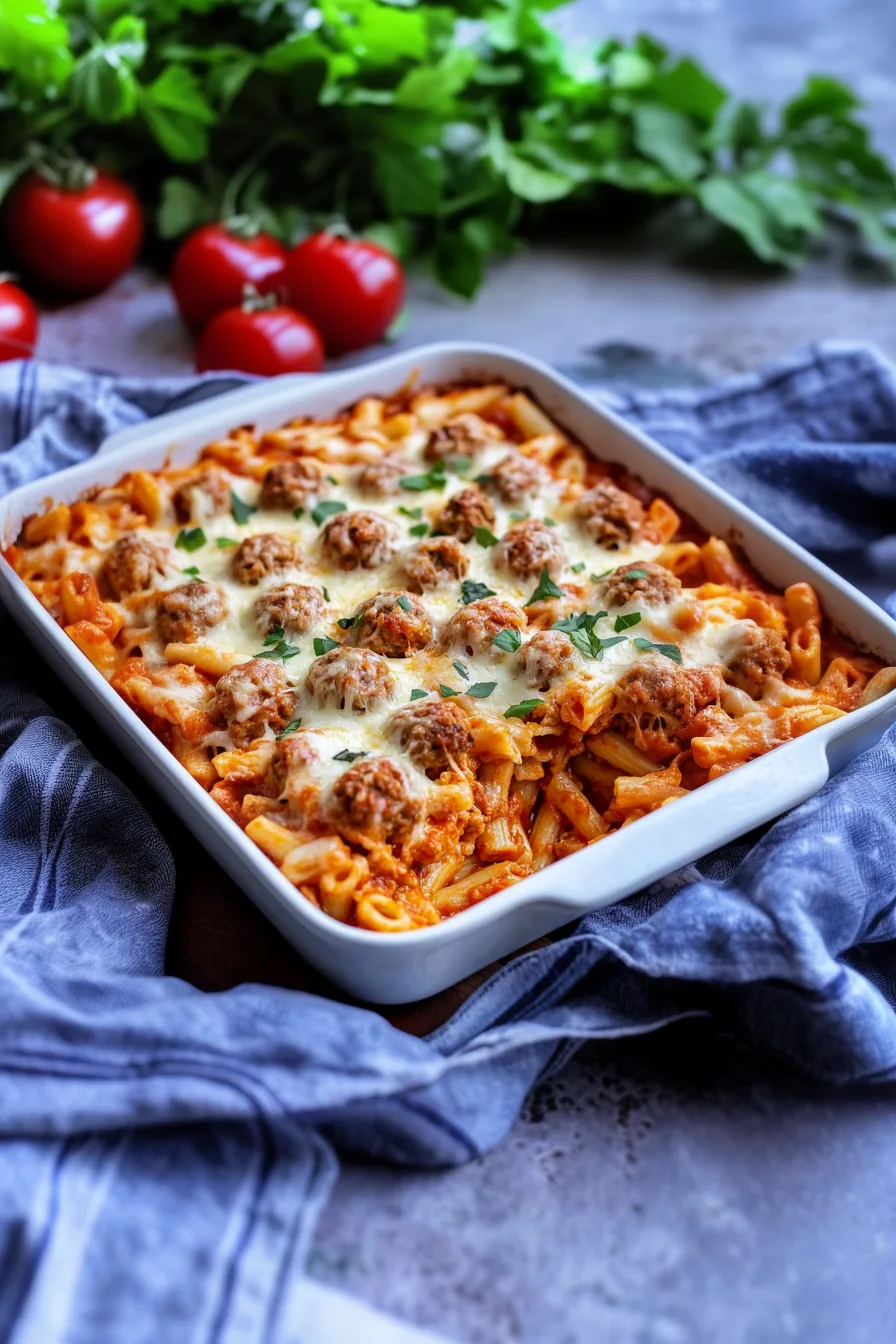 Cheesy, bubbling meatball and pasta mixture served straight from the oven.