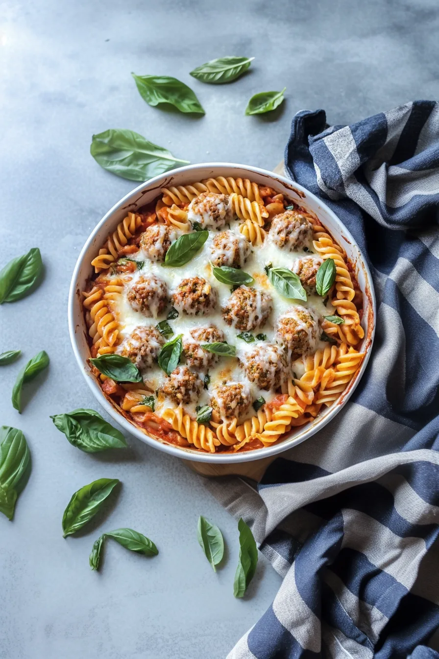 Warm rotini pasta coated in tomato sauce and finished with melted mozzarella and meatballs.