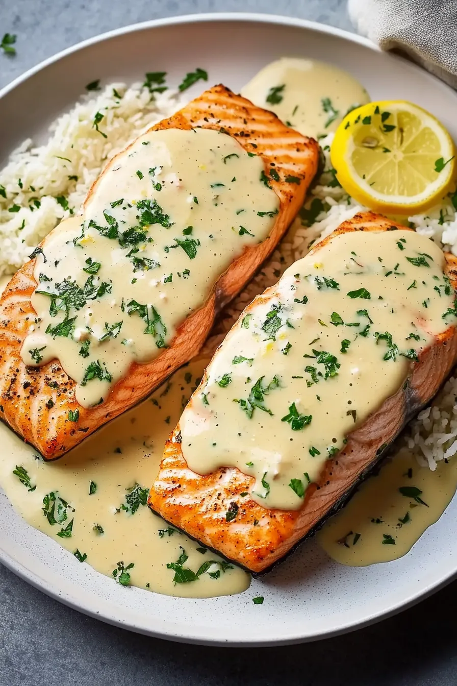 Seared salmon topped with a creamy herb sauce and served with lemon slices