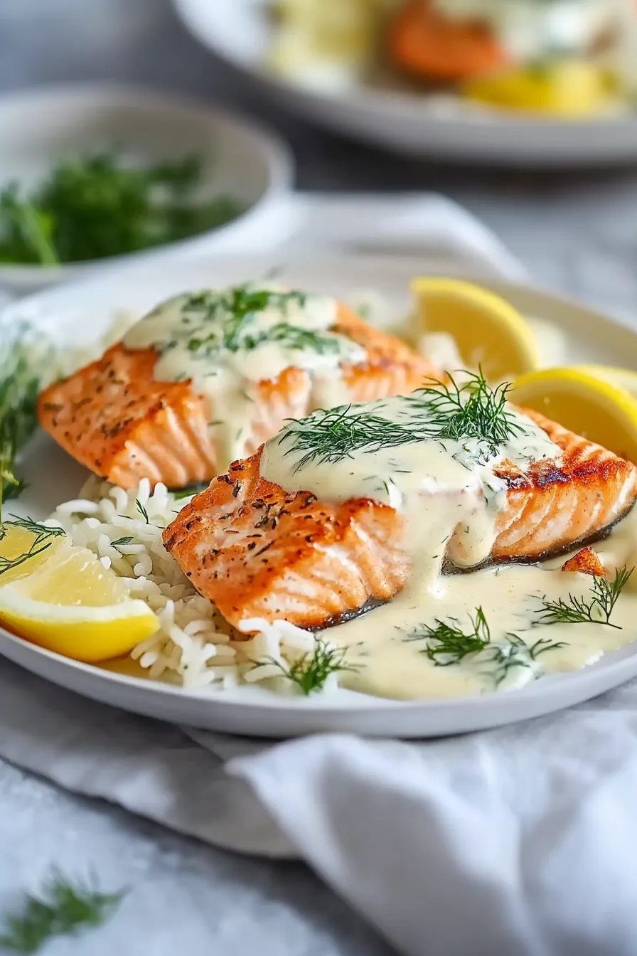 Flaky salmon fillet drizzled with a velvety cream sauce and garnished with chopped herbs.