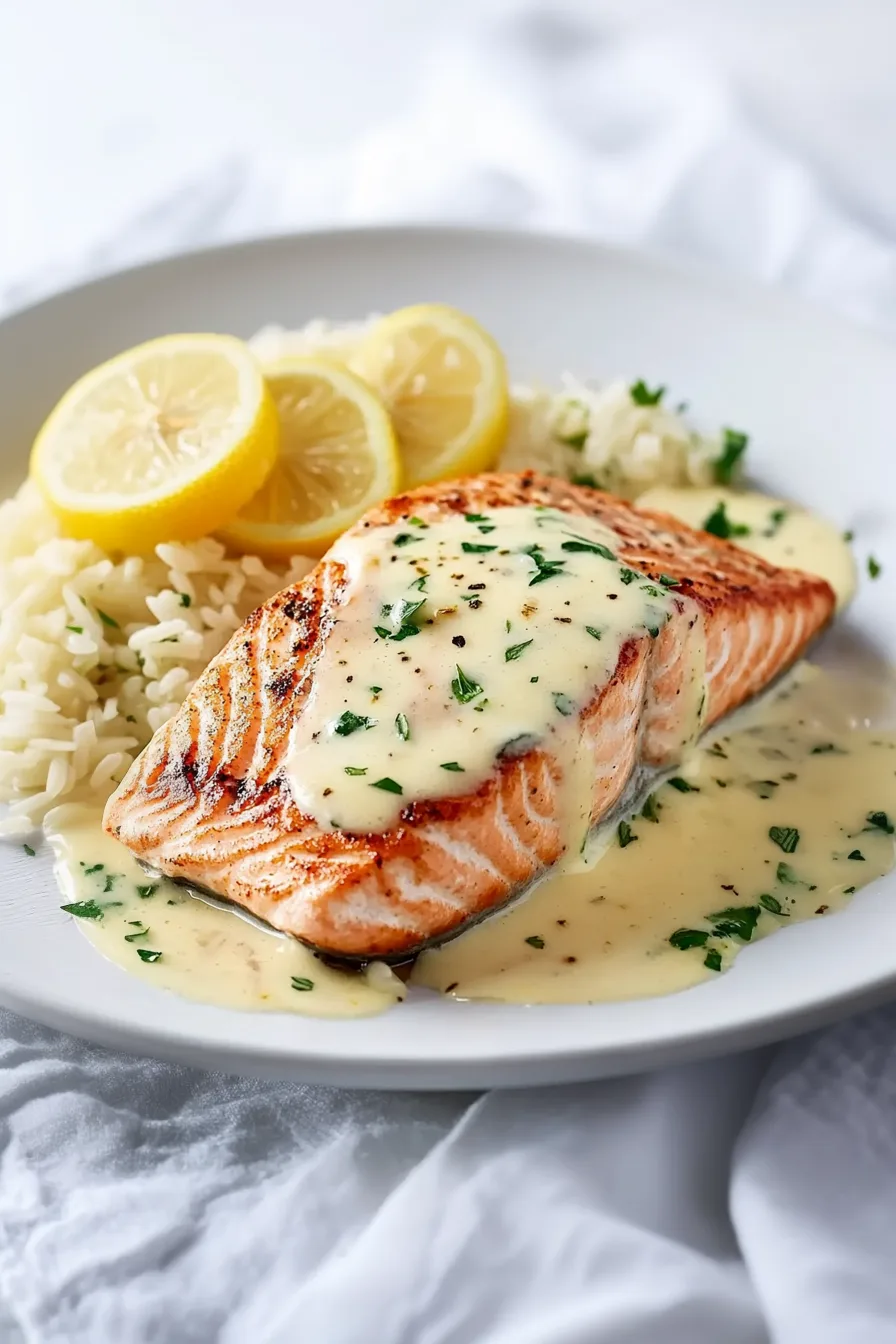 “A plate of salmon resting in a smooth, buttery sauce with herbs and lemon wedges on the side.