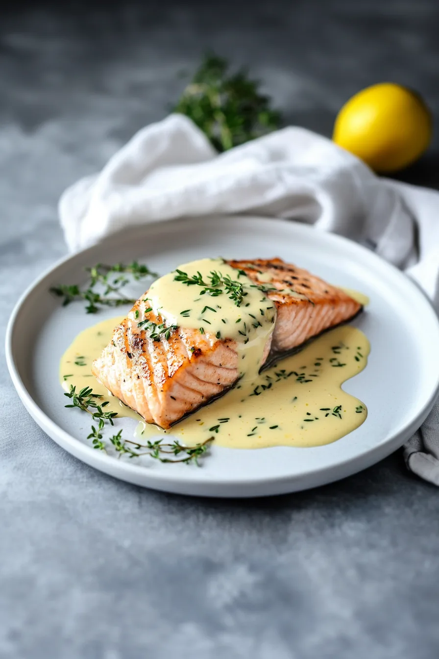 Creamy, herb-speckled sauce poured over a browned salmon fillet on a white plate.
