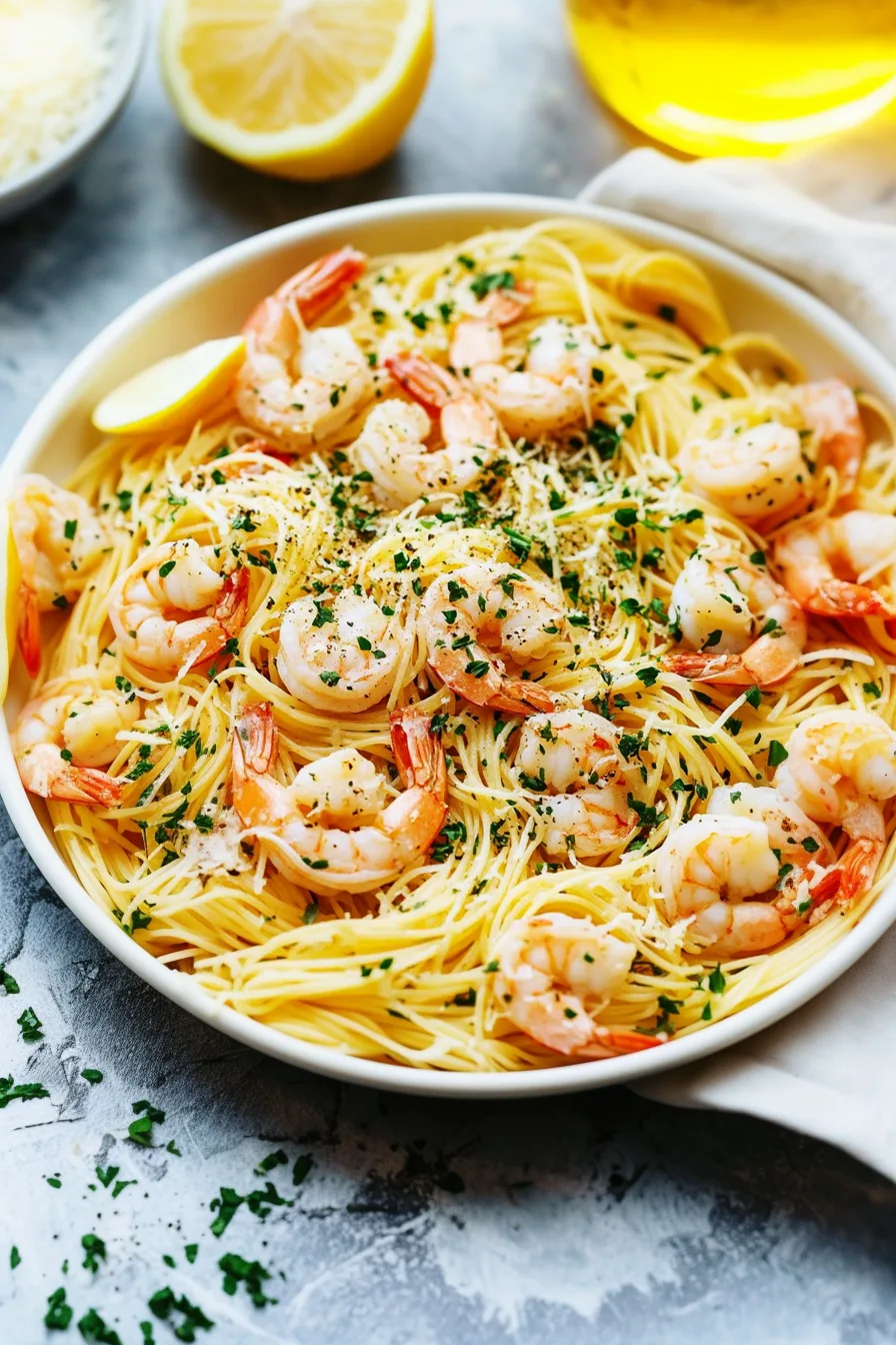 Plate of golden pasta strands mixed with shrimp and flecks of seasoning.