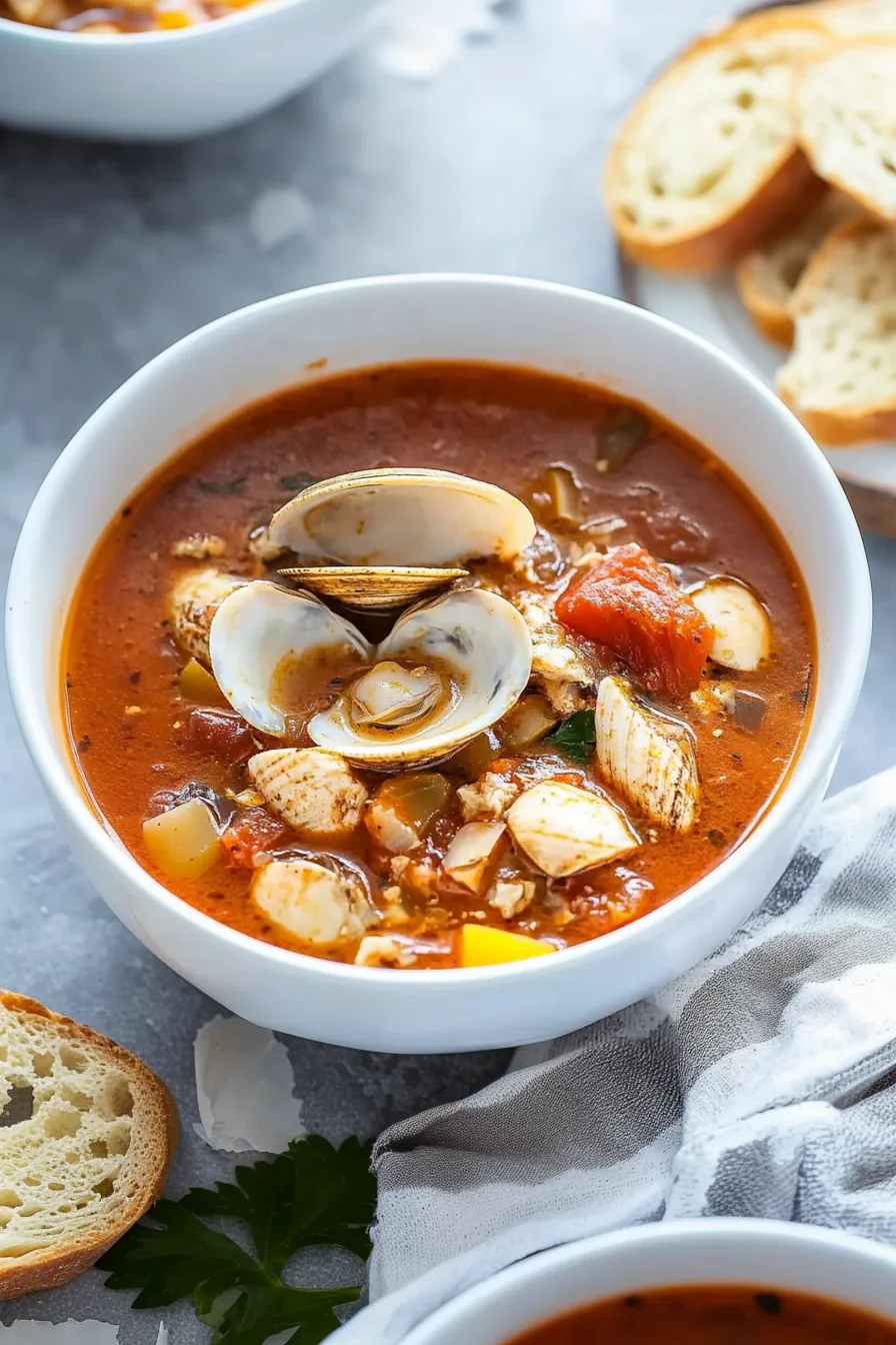 Overhead shot of a hearty red broth with diced carrots, potatoes, and herbs.