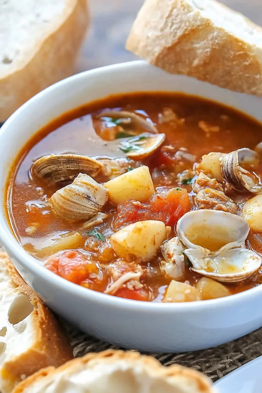 Close-up of a warm, veggie-packed soup served with crusty bread on the side.