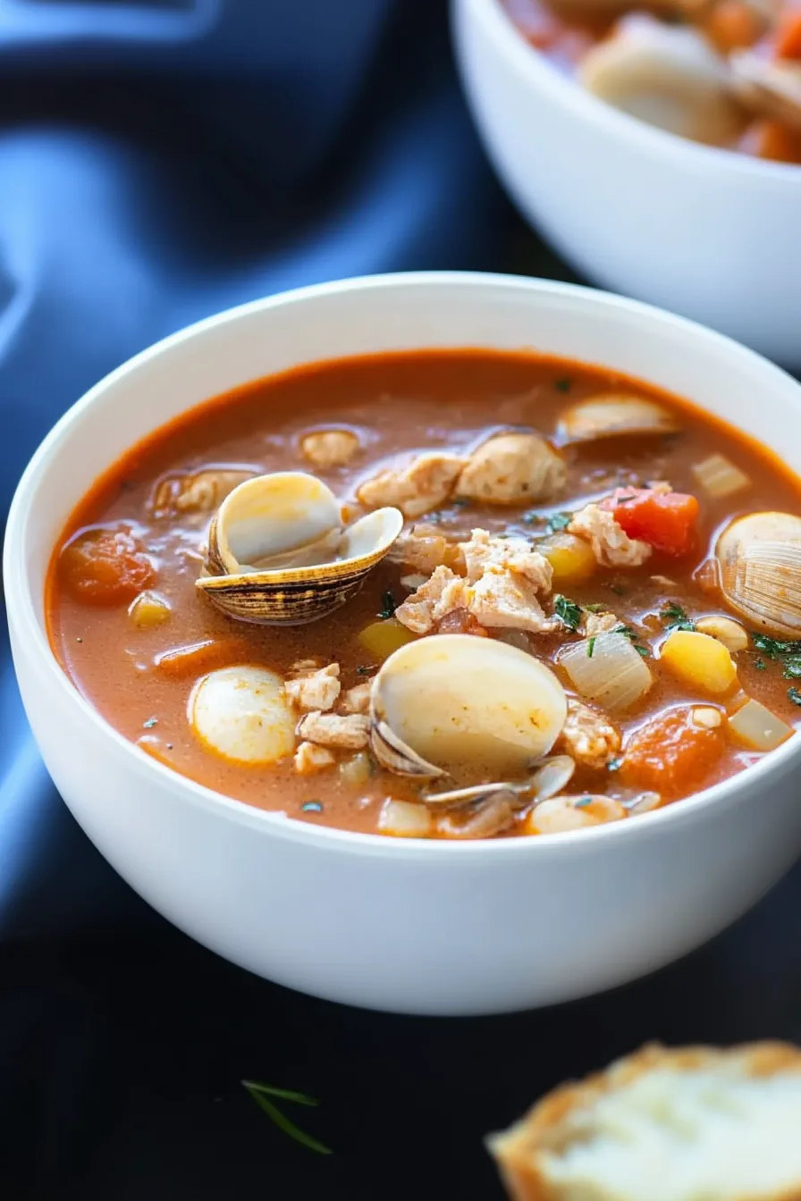 A bowl of tomato-based soup filled with vegetables in a rustic ceramic dish.