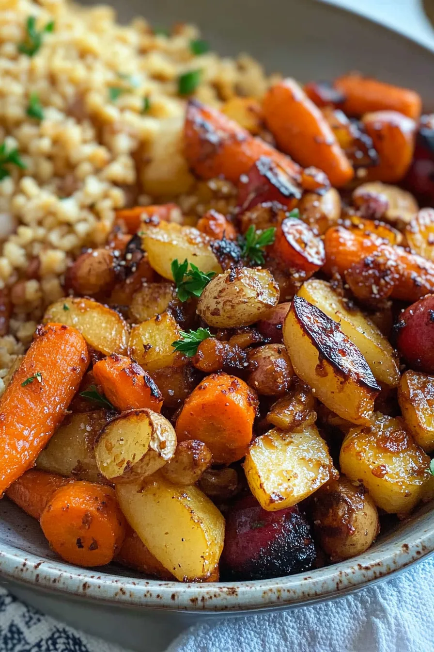 Close-up of tender roasted vegetables with lightly caramelized edges.