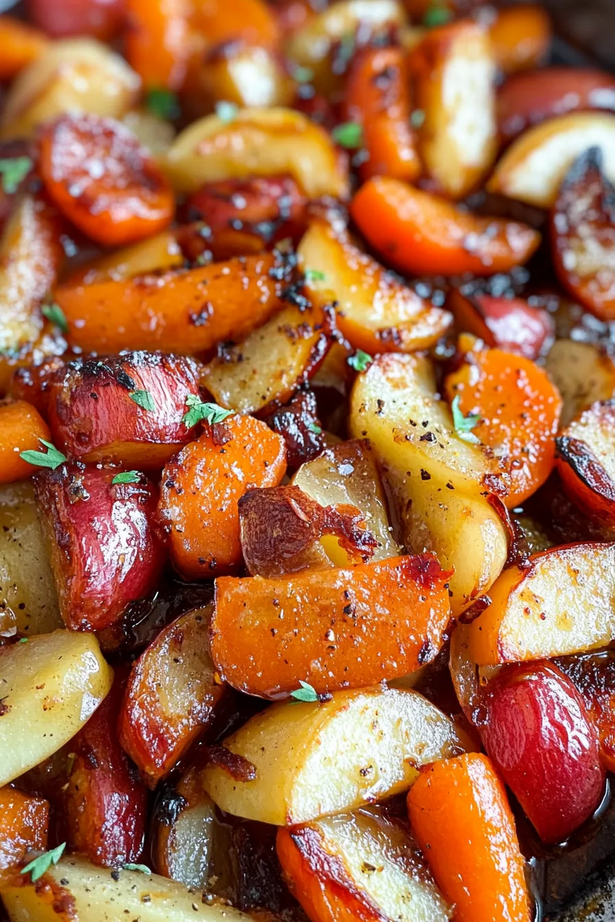 Warm, oven-roasted vegetables coated in a shiny, seasoned glaze.