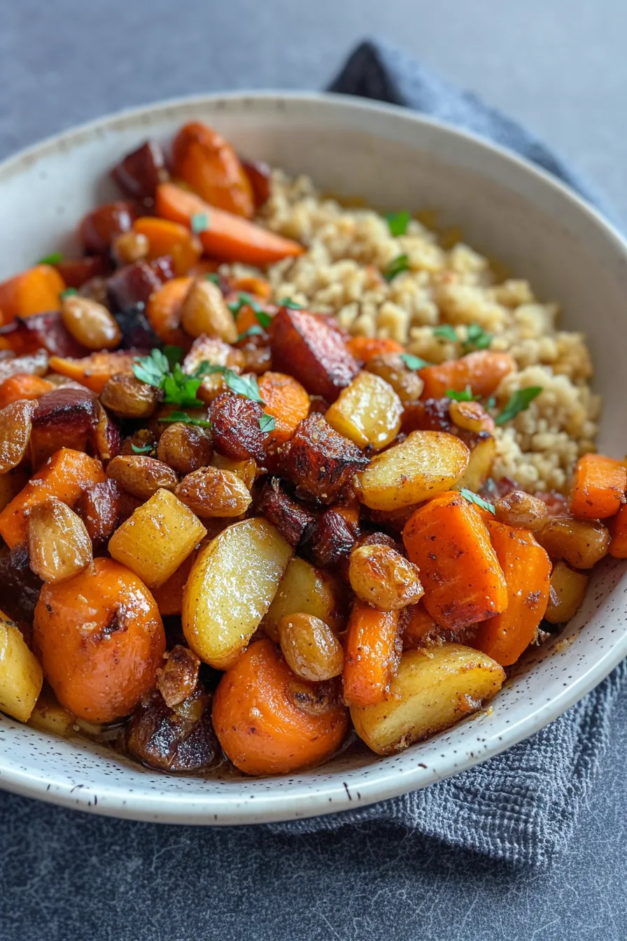 Colorful mix of roasted carrots and apples served in a shallow dish.