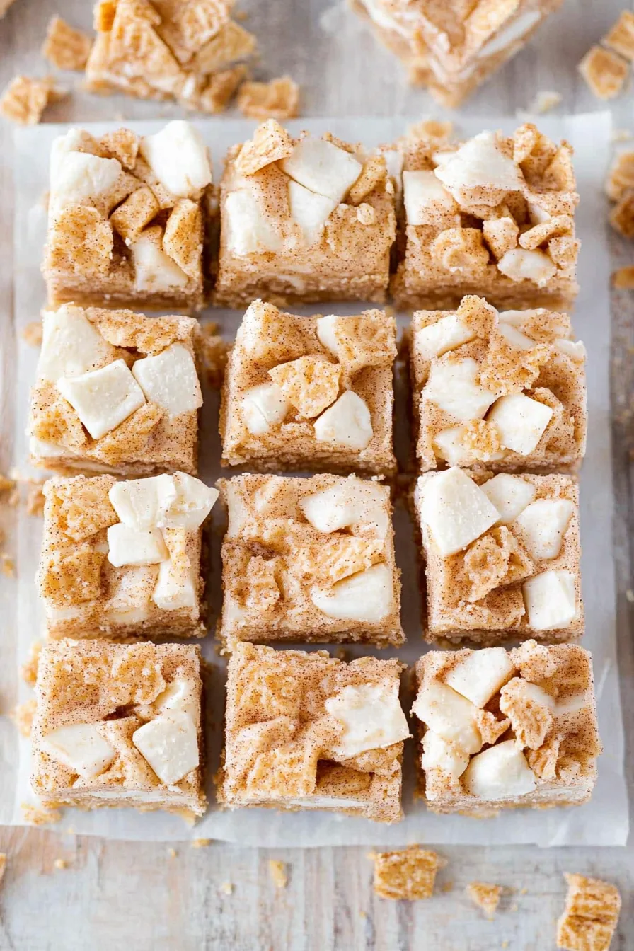Cereal and marshmallow bars sliced into even pieces, highlighting their soft, gooey texture and crunchy topping.