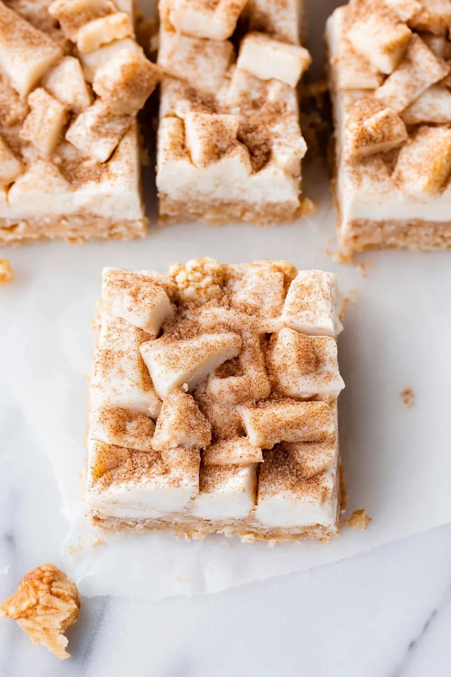 Top-down view of chewy cinnamon cereal bars with visible marshmallow chunks throughout.