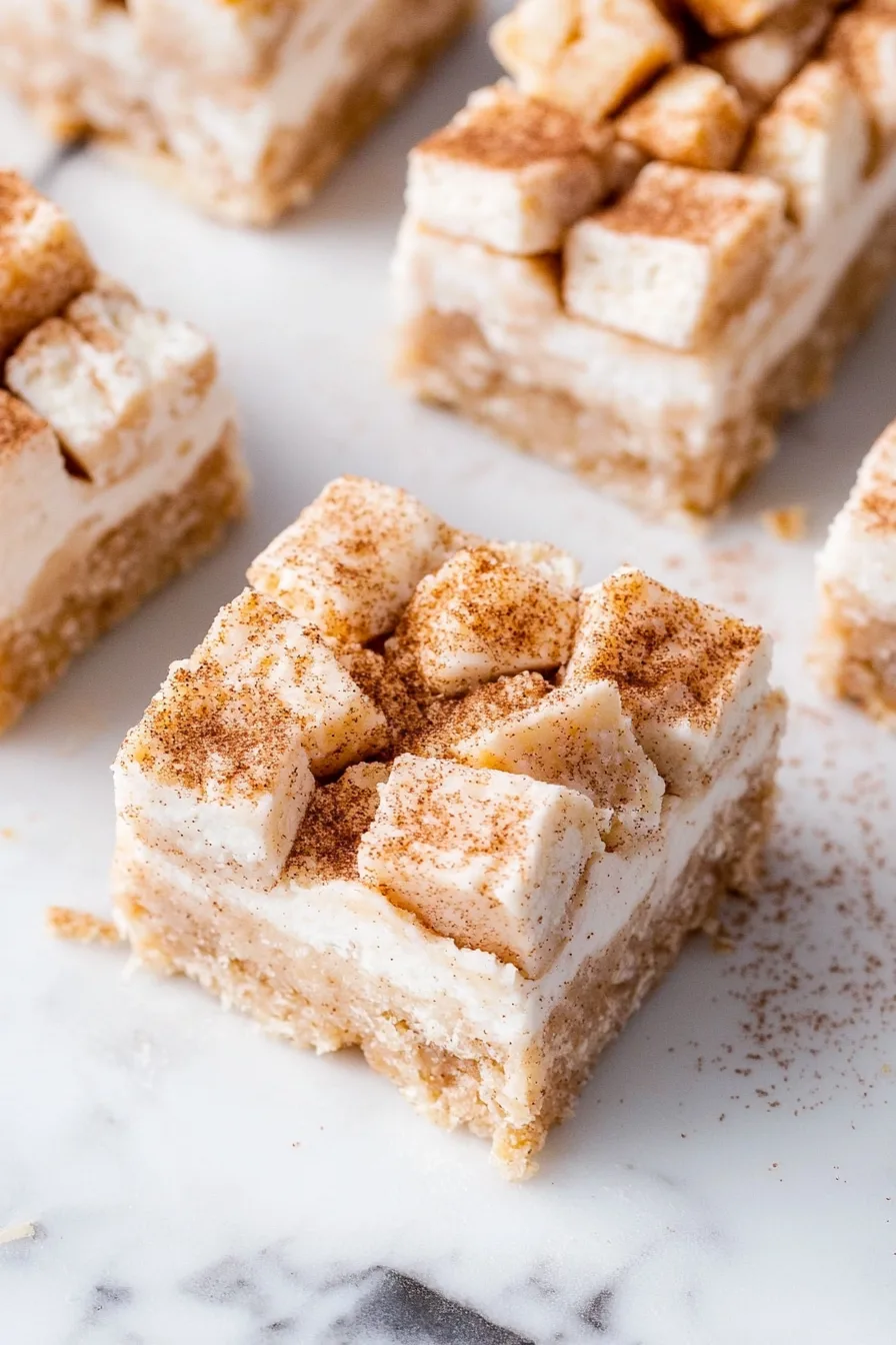 Close-up of soft cereal dessert bars topped with melted marshmallows and cinnamon-coated crunchy pieces.