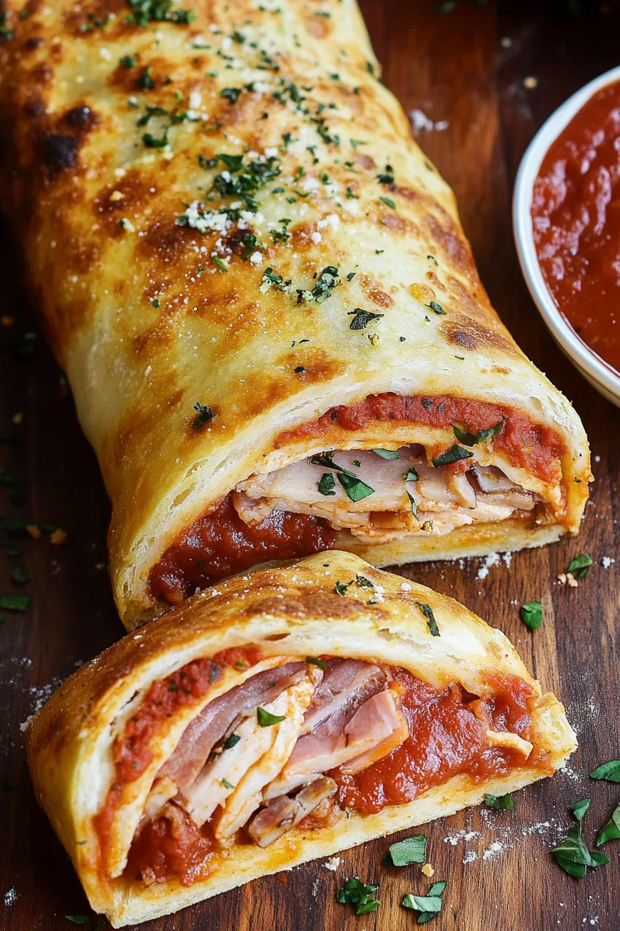 Close-up of a baked dough roll packed with ham, cheese, and tomato sauce on a wooden board.