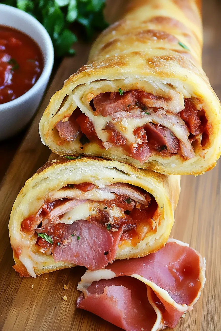 Warm slices of stuffed bread showing melted mozzarella and thinly sliced deli meat inside.