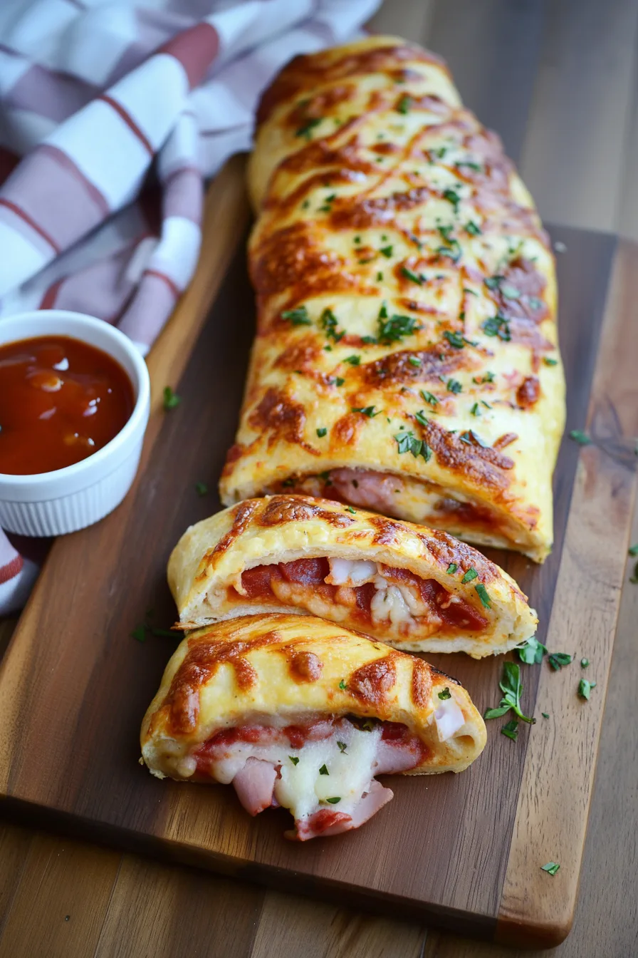 A freshly baked stuffed roll cut open to reveal layers of meat, cheese, and tomato sauce.