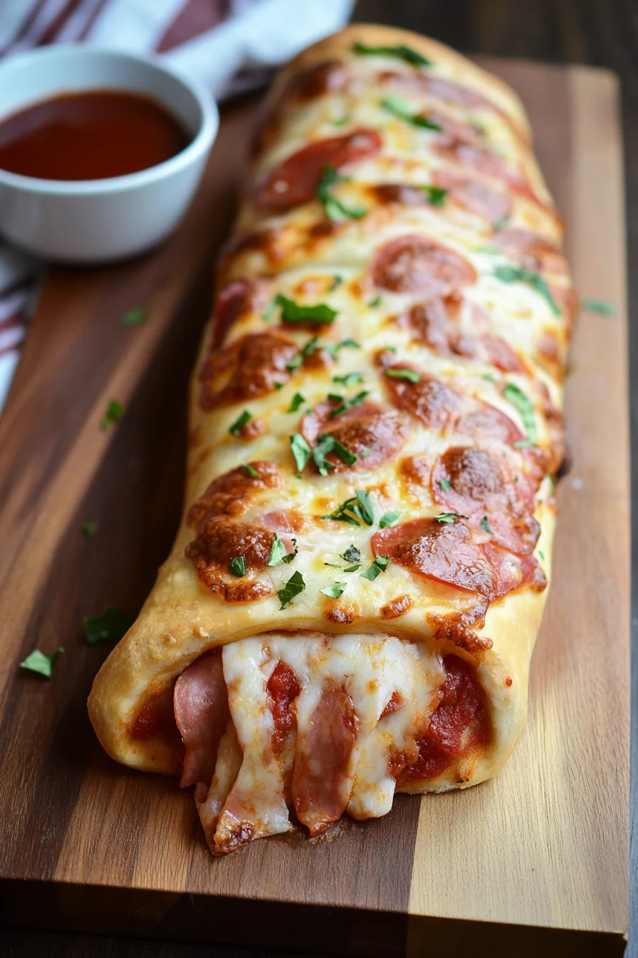 Cheesy, deli-style filling wrapped in flaky baked dough with fresh herbs sprinkled on top.