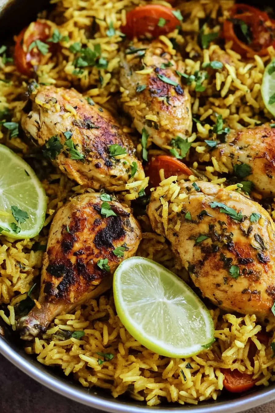 Close-up of tender, pan-seared chicken resting over vibrant yellow rice with cherry tomatoes and herbs.