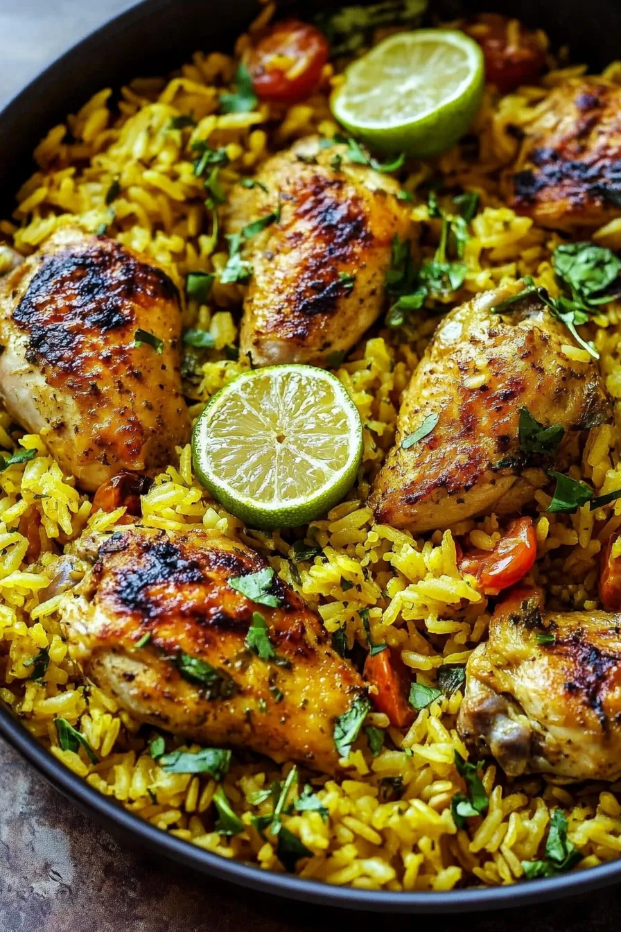 Skillet filled with seasoned chicken and fluffy turmeric rice, finished with chopped parsley and lime.
