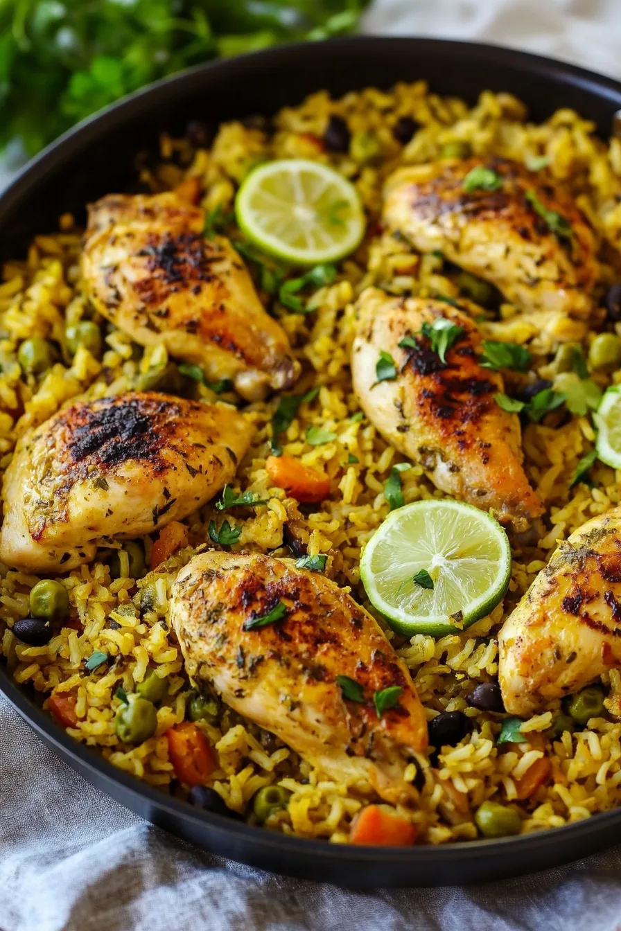 Crispy, browned chicken nestled in a bed of aromatic rice with visible herbs and vegetables.