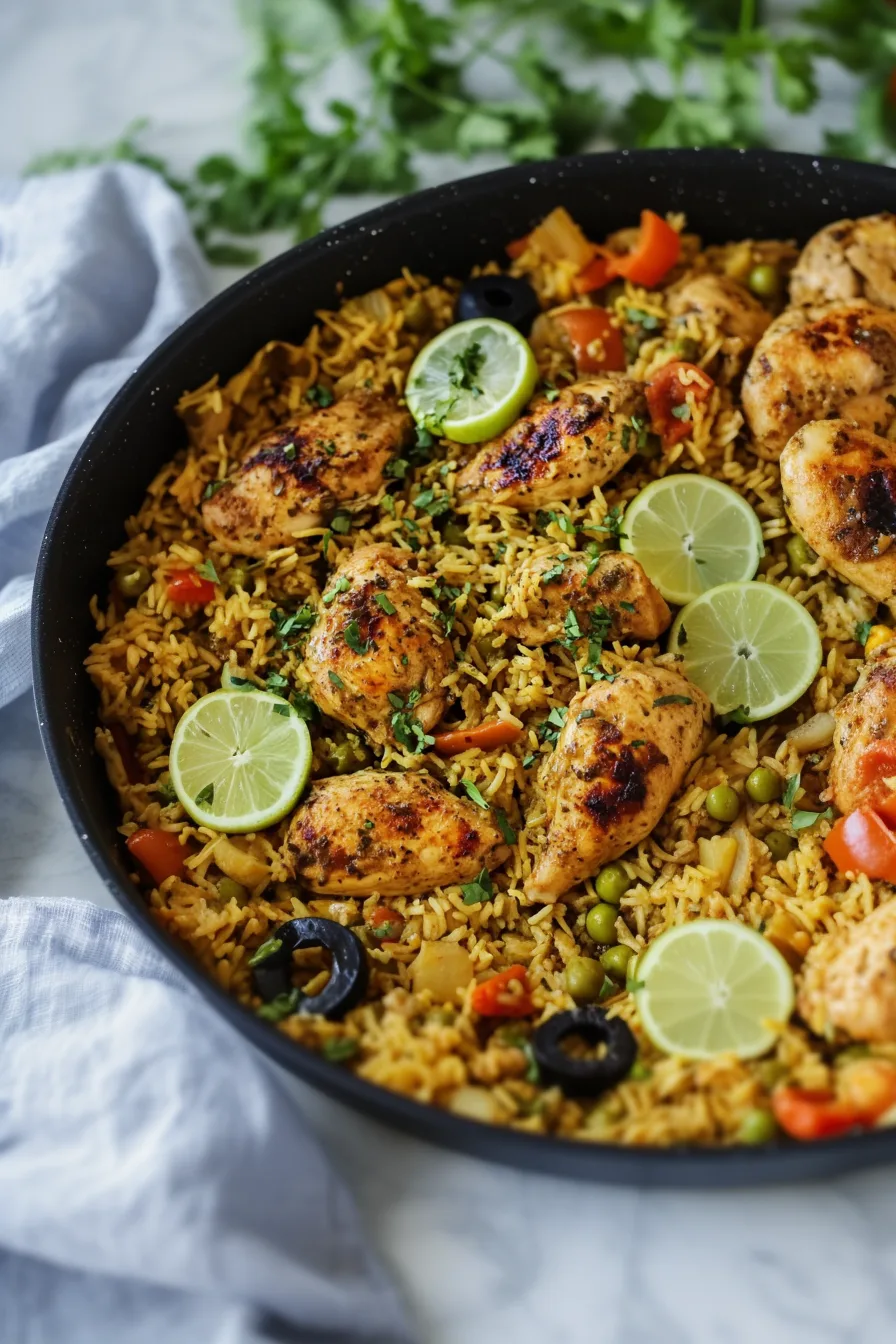 Hearty one-pan chicken and rice dish with charred edges, bright colors, and fresh citrus on top.