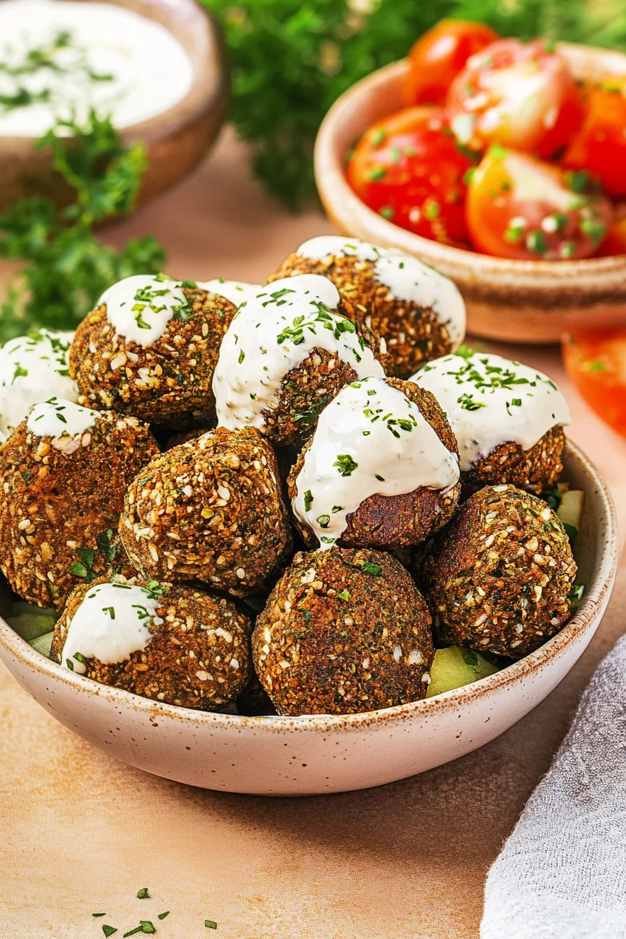 Close-up of golden falafel bites topped with herbs and yogurt-style dressing.