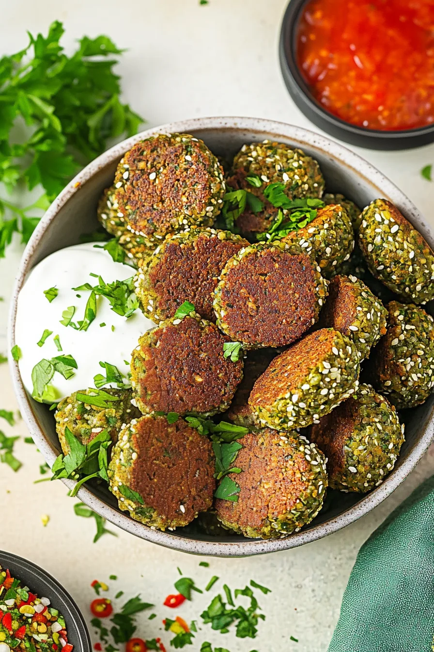 Herb-speckled falafel balls arranged in a rustic dish with creamy topping.