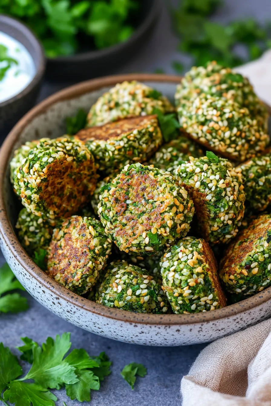 Close-up of golden falafel bites topped with herbs and yogurt-style dressing.